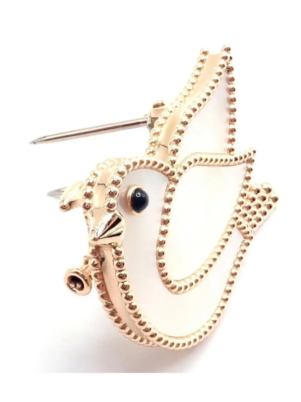 Van Cleef & Arpels Lucky Animals Dove 18k Rose Gold MOP Onyx Brooch Cert.